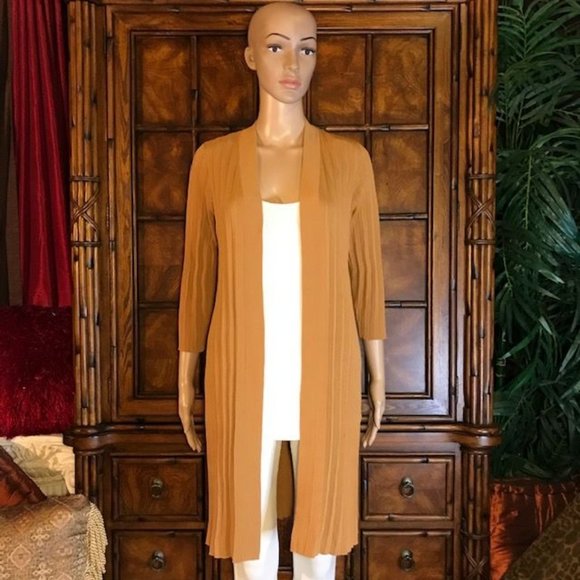 Chico's Sandstone Pleated Cotton Blend High Side Slit Open Front Duster - Picture 1 of 12